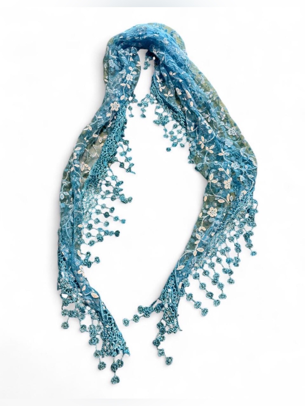 Blue Floral Lace Trim Scarf with white flower embroidery